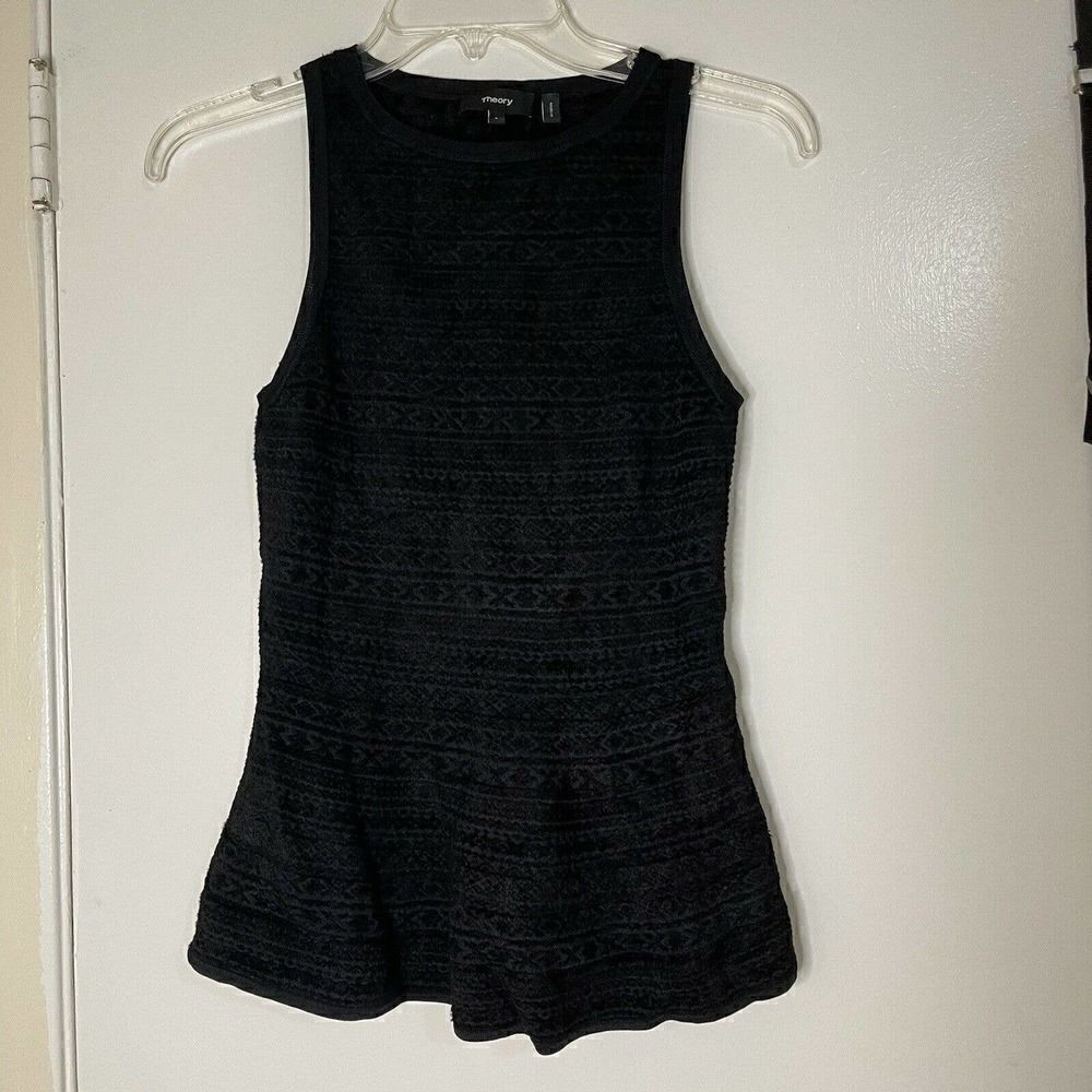 Theory black geometric soft velvet flare peplum sleeveless blouse top size Small